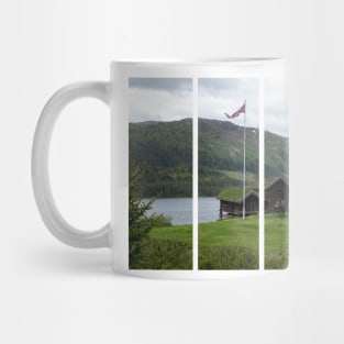 Wonderful landscapes in Norway. Vestland. Beautiful scenery of houses with grass roof. Norwegian traditional architecture Mountains, trees and snow in background. Cloudy day Mug